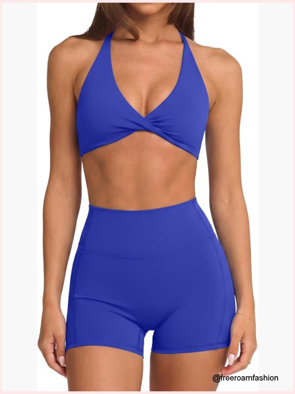 2 Piece Workout Set Twist V Neck Sports Bra Biker Shorts Yoga Gym